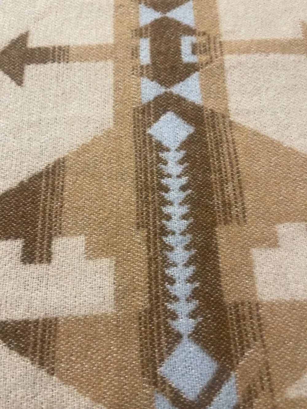Sackcloth & Ashes Arrow Beige Blanket Throw 70 x 61 Aztec Tan Blue Fringe Italy